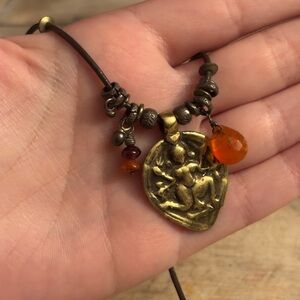 Vintage Brass, Multi-Stone, and Leather Necklace